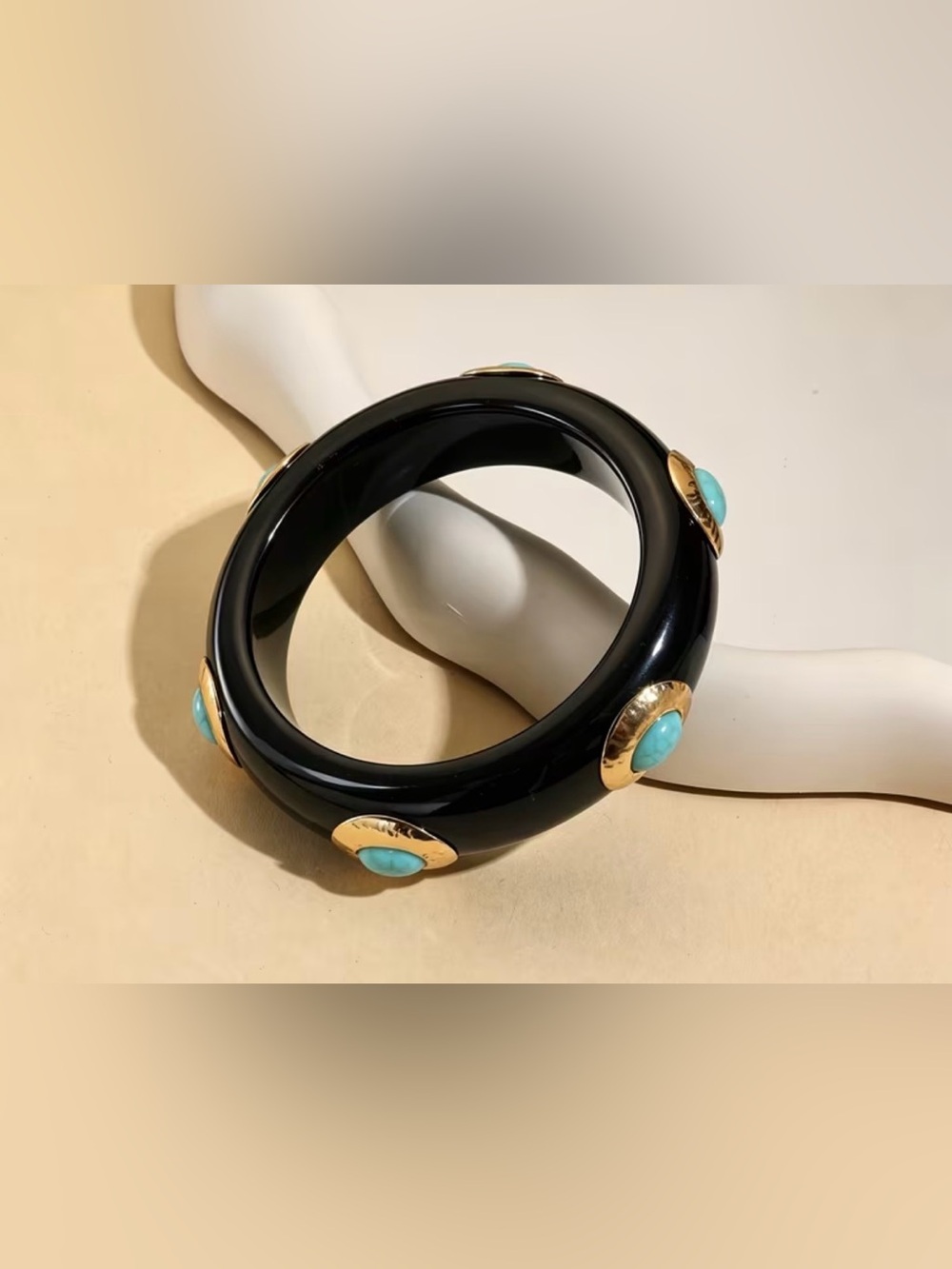 Black Resin Bangle with Turquoise Cabochons and Gold Accents